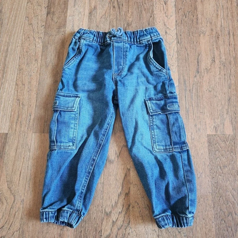 OshKosh B'gosh Toddler Boys Blue Denim Cargo Jogger Pants Size 3T Drawstring 599